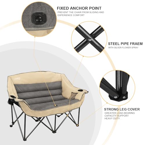 Double Folding Camping Chair Fully Padded Loveseat Camping Couch Oversized 2 Person Lawn Chair Sofa w/Cup Holder,Wine Glass Holder,Mesh Storage for Patio Picnic Beach,Support 600lbs,Beige miniatura 6