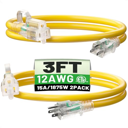 POWGRN 2 Pack 3 ft 12/3 Outdoor Extension Cord Waterproof Heavy Duty with Lighted Indicator End...