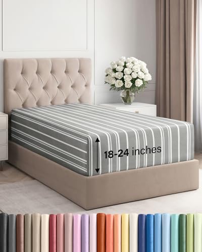Image of Deep Twin XL Fitted Sheet - College Dorm Room Essentials - Grey Stripes | Easily Fits 18 inch to 24 inch Mattress, Wrinkle Resistant, Soft, Breathable & Comfy, Extra Deep Pockets Fitted Sheet