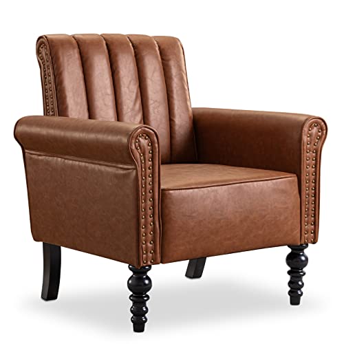 Ttgieet Pu Leather Accent Chair With Arms For Living Room, Modern Upholstered Armchair With Solid Wood Legs For Single Sofa Reading Club Chair Living Room, Bedroom, Office(Brown) #TOP3