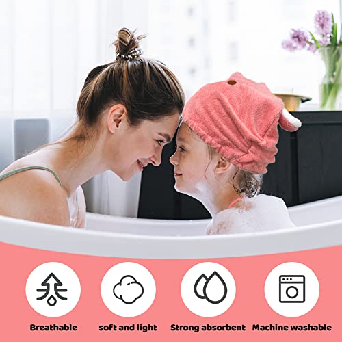SwirlColor Hair Towel Wrap Hat for Kids, 2 Pcs Cute Cartoon Bear Microfibre Hair Towel Wrap Super Absorbent Quick Drying Turban Cap Pink and Camel Bath Towel Wrap for Kids Girls - Image 4