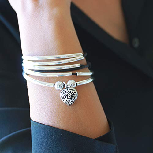 Lizzy James Girlfriend Silver Charm Bracelet Necklace W Puffed Heart Charm In Natural Black Leather (Large) #TOP1