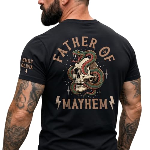 Father of Mayhem - Personalized Shirt, Custom Kids Names on Sleeve Father of Mayhem T-Shirt, Skull and Snake Graphic, Gift for Cool Daddy, Husband