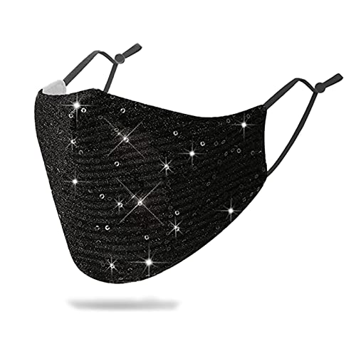 Image of Sparkly Sequins Mouth Masc Fashion Designer Glitter Cotton Face Cover With Adjustable Ear Loops Reusable Masquerade Party Nightclub Rave Festival Sequins Face Covering (Black)