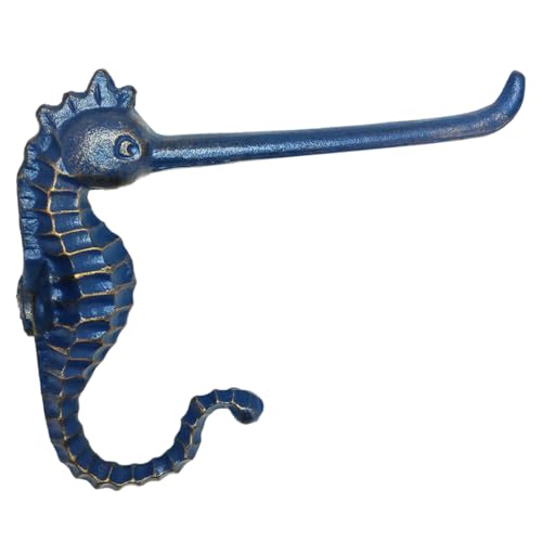 Cast Iron Seahorse Toilet Paper Holder, Heavy Duty DIY Vintage Rustic Iron Roll Tissue Wall Mount Paper Holder Towel Racks with Hardware, Metal Clothing Hanging Rod (Blue)