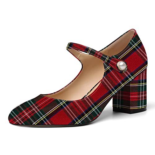 ROSERWISH Women's Block Wedding Mid Heel 2.5 Inch Ankle Strap Round Toe Fashion Pumps Shoes Red Plaid Size 7.5 - Tacones Bajos de Mujer