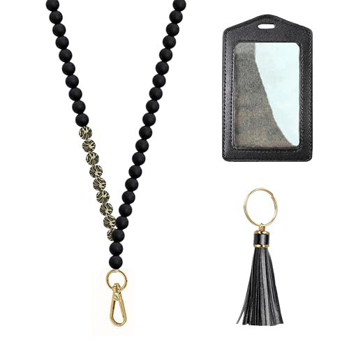 Soft Black Silicone Lanyards for ID Badges for Women Cute Breakaway Teacher Lanyard with ID Holder for Women Silicone Bead Lanyard