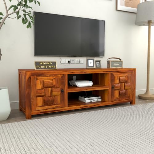 Image of Solid Sheesham Wood Entertainment TV Unit with 2 Door | Rosewood Tv Stand /TV Cabinet for Living Room | Bedroom | Wooden TV Panel with Shelf Stoarge | TV Table