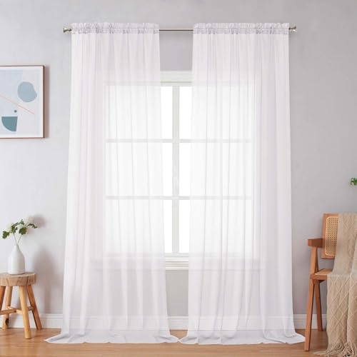 Image of Simplebrand Sheer White Curtains 96 Inches Long, Light Filtering Rod Pocket Solid Color Window Sheer Curtain Panels, Elegant Curtains & Drapes for Living Room, Bedroom 2 Panels (White, 59 inch W x 96 inch L)