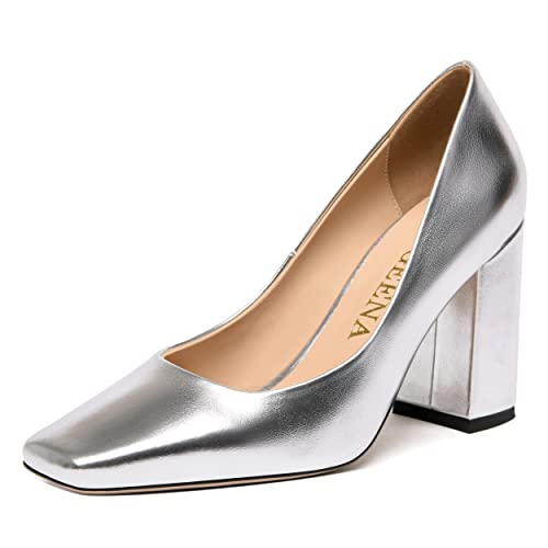 FOGEENA Womens Casual Square Toe Business Slip On Matte Leather Block High Heel Pumps Shoes 3.34 Inch - Main Image