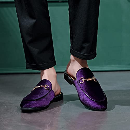 Image of FLQL Mens Shoes Luxury Velvet Gold Buckle Slip-on Penny Loafers Casual Smoking Slippers Indoor Outdoor Sandals Black Size 7-13