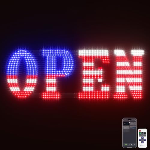 Image of Open Sign for Business, 40 inchx14 inch Jumbo Open Sign with Timer and Remote Control, Dynamic Light Modes Led Signs for Storefront Window Bar Salon Cafes Retail Shops US Flag