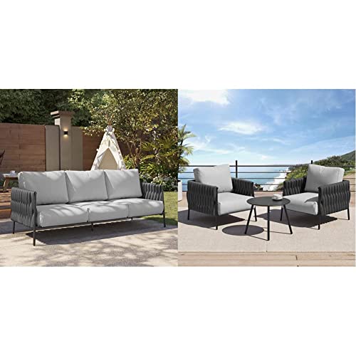 East Oak Outdoor Furniture 3 Seats Sofa With Thick And Washable Cushions & 3 Pieces Patio Furniture Set, Armchairs With Coffee Table, Outdoor Furniture Set With Thick Cushion #TOP26