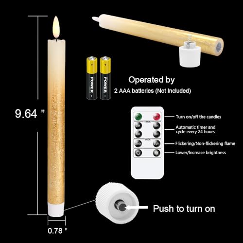 Image of Gold Flameless Taper Candles Battery Operated with Remote Timer Set of 6 Flickering LED Taper Candles Real Wax 3D Wick Real Wax Dinner Wedding Holiday Decor(0.78 inch D x 9.64 inch H)
