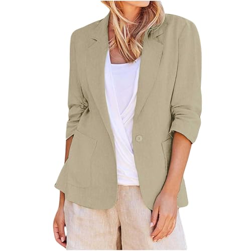 Linen Blazer for Women Lightweight Stretchy Ruched Long Sleeve Fully-Lined Cotton Casual Work Jacket with Pockets
