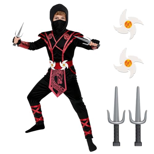 BSBUY Disfraz Ninja Niños, Ropa Musculo con Accesorios, Halloween Cosplay de Ninja, Disfraz Niño para Fiesta, Carnaval, Navidad, Cumpleaños, L