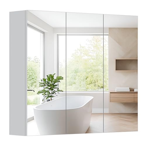 Hollyhome Armario De Baño Con Espejo De 3 Puertas Con Espejo, Armario De Pared Con Estante Ajustable, 700 Mm X 600 Mm, Color Blanco