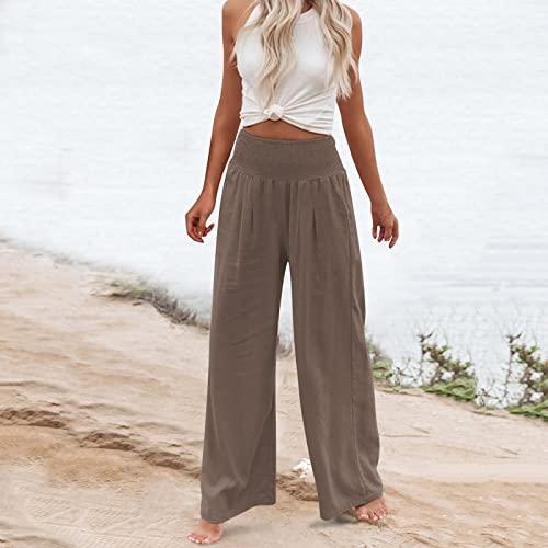 JiXiang Palazzo Pants for Women Plus Size Summer High Waisted Cotton Linen Pants Wide Leg Long Lounge Trousers with Pockets3