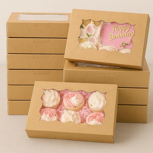LYSHOOCE 20 Boîtes en Papier Kraft Marron avec Fenêtre Transparente, Boite Gateau, Boite Gateau Carton, pour Cookies Cupcakes Pâtisserie et Tarte Emballage...