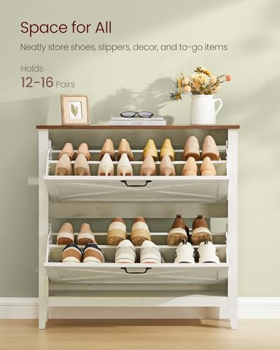 Image of VASAGLE LIRY Collection - Shoe Storage Cabinet Organizer with 2 Flip Drawers, Freestanding Narrow Shoe Rack Cabinet for Entryway, Farmhouse Style, Fits 12 to 16 Pairs, Rustic White UHSC201W01