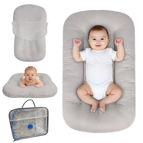 Baby Lounger for Infants Babies 0-24 Months Bionic Organic Lounger Soft Cotton Breathable Infant Floor Seats & Loungers for Newborn Baby Shower Gifts (Grey)