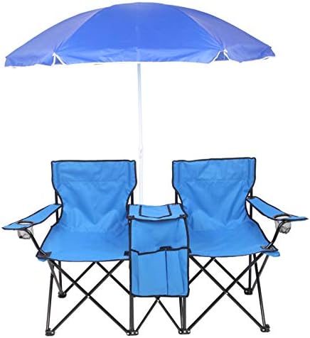 Portable Outdoor 2 Camping Chairs Beach Chairs & Beach Umbrella for Sand Folding Chairs for Outside with Removable Sun Umbrella Blue
