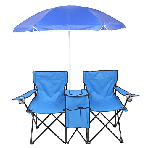 Portable Outdoor 2 Camping Chairs Beach Chairs & Beach Umbrella For Sand Folding Chairs For Outside With Removable Sun Umbrella Blue #TOP23