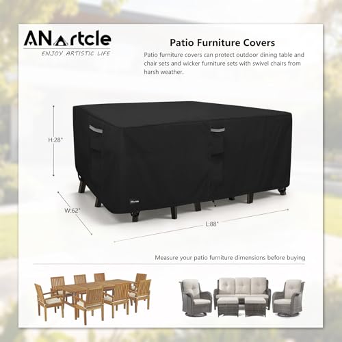 Image of ANartcle Patio Furniture Covers 88L x 62W x 28H inch,600D Waterproof Heavy Duty Outdoor Furniture Covers,Outdoor Wicker Furniture Set with Swivel Patio Chairs General Purpose Furniture Cover,Black