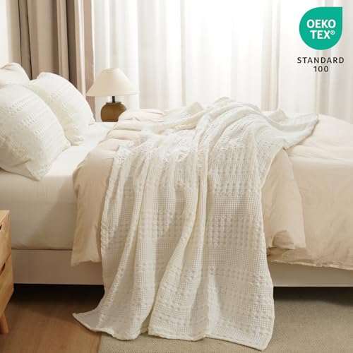 Image of PHF 100% Cotton Waffle Throw Blanket for Couch, Lightweight Breathable and Soft for Summer, Luxury Aesthetic Waffle Weave Blanket for Home Decor & Office, Gifts for Women, 50 inchx60 inch, Ivory