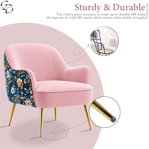 Image of Accent Chair with Ottoman | Modern Velvet Lounge Chair with Floral Designer Back | Upholstered Armchair for Living Room, Bedroom & Cafe | Golden Legs (Baby Pink Floral)