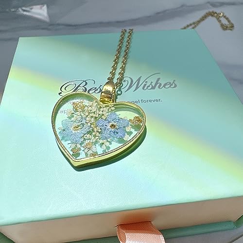 Heart Necklace - Handmade Pressed Flower Necklace,Forget Me Not And Queen Anne\'S Lace Pressed Wildflower,Forget-Me-Not Flowers Symbolize True Love And Respect - Gold | 18” - Thumbnail 6