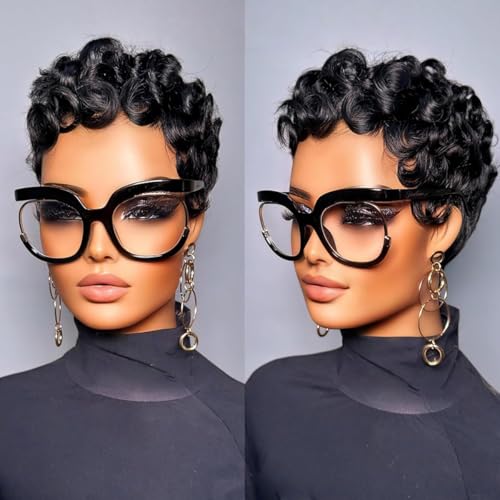 PENDORISYS Short Pixie Cut Human Hair Wigs for Black Women, Curly Wavy Layered Wig with Bangs, Brazilian Virgin Hair Glueless 1B Color for Daily Use(1B Curly)