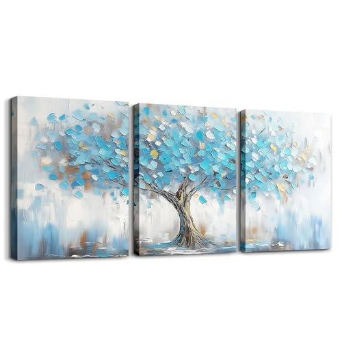 Loussiesd Prune Salon Plantes Tableaux Peinture Décoration Murale 30 x 40 cm 3 Pièces Poster Photos Nature Thème Bureau Impression sur Toile Bleu