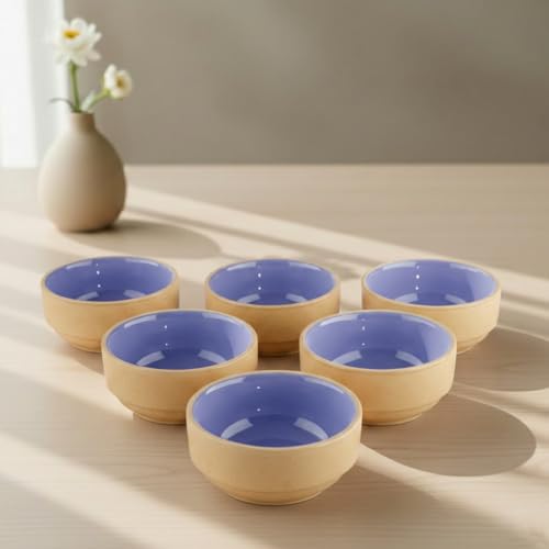Image of BLACKCARROT Beige & Purple Ceramic Bowl Set of 6 | 220ml Snack Bowls | Microwave & Dishwasher Safe