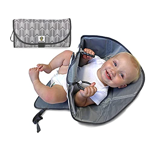 Image of SnoofyBee Portable Clean Hands Changing Pad. 3-in-1 Diaper Clutch, Changing Station, and Diaper-Time Playmatwith Redirection Barrier for Use with Infants, Babies and Toddlers (Grey Arrow)