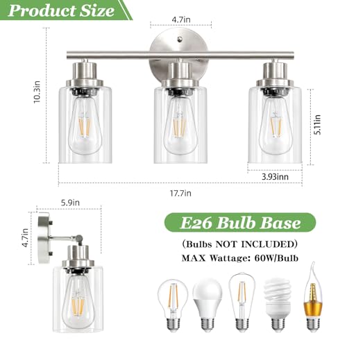 Image of 3-Light Brushed Nickel Vanity Lights, E26 Modern Bathroom Light Fixtures with Clear Glass Shade, Wall Lamps for Mirror Kitchen Hallway Cabinet Living Room Sconces Lights