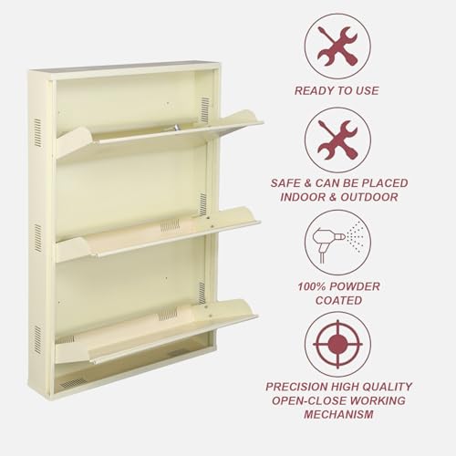Image of Metal Shoe Rack Wall Mounted for Home with Central Locking |3 Door 28 inch Wall Mounted Metal 9 Pair Shoe Rack Cabinet | Pre-Assembled Rack Shelves |3 Year Warranty (Ivory)