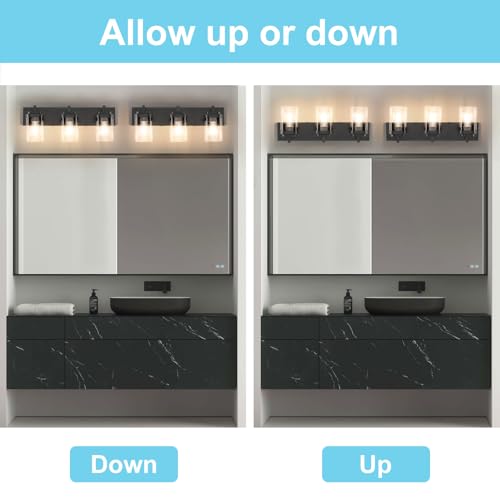 Image of SineRise Vanity Light Fixture,3-Light Vanity Light for Bathroom,Matte Black Bathroom Vanity Lighting Over Mirror with Square Clear Glass Shade for Restroom