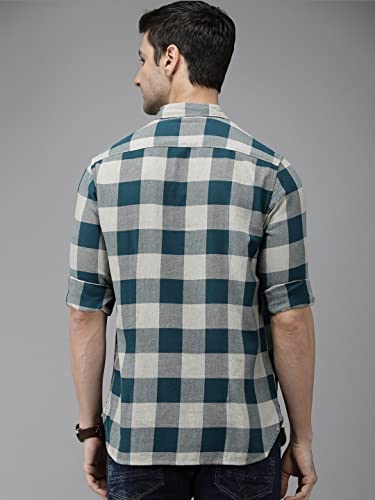 Image of THE BEAR HOUSE Men's Cotton Teal Blue Pure Cotton Checked Slim Fit Flannel Shirt | 3XL |TBH-JUUL-TL-3XL |