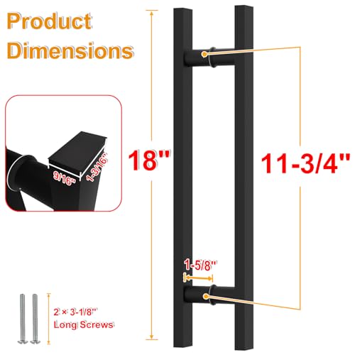 Image of 18 inch Matte Black Square Barn Door Pull Handle Double Sided | Heavy Duty 304 Stainless Steel, 11-6 /8 inch Hole Spacing, Fits 3 /4 inch-2 inch Thick Barn, Front Entry, Sliding & Exterior Doors