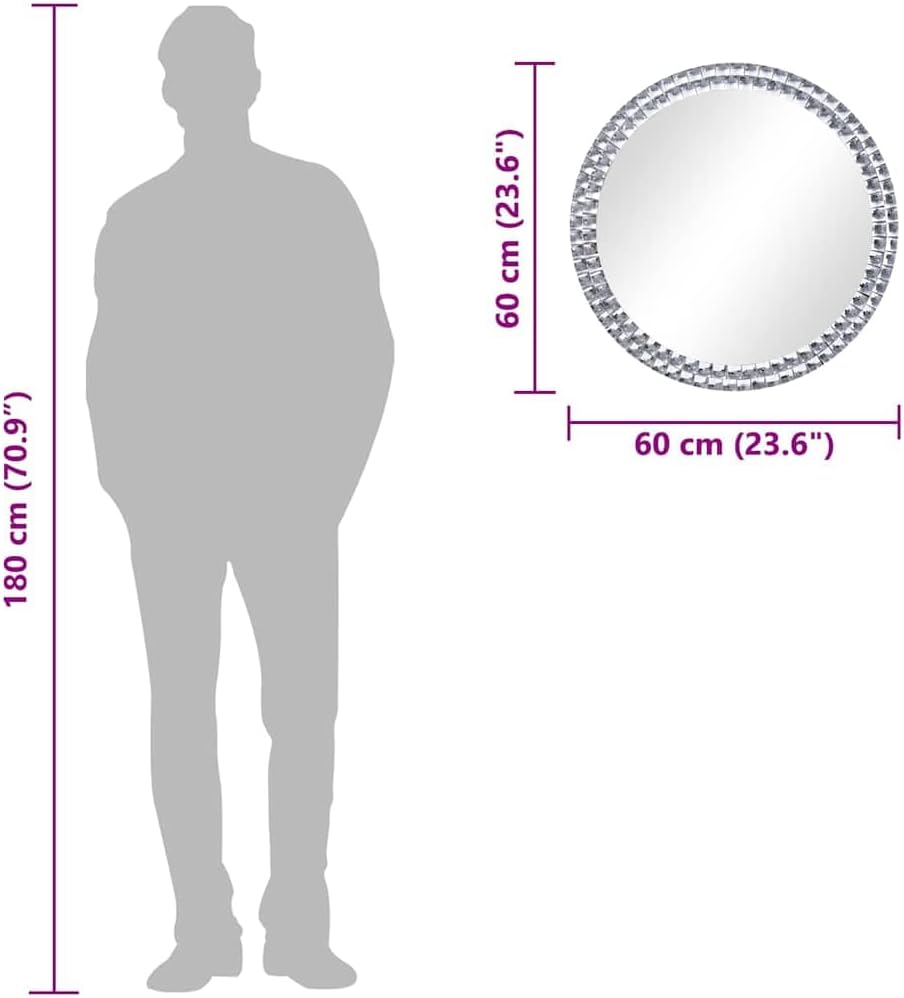 vidaXL Wall Mirror Silver Acrylic Crystal, Tempered Glass 23.6 in Diameter