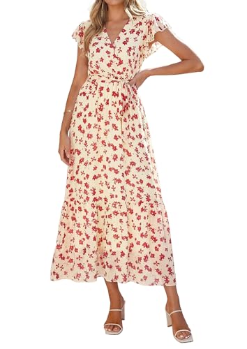 Image of PRETTYGARDEN Women's Summer Floral Boho Maxi Dress Short Sleeve Wrap V Neck Ruffle Long Flowy Beach Wedding Guest Dresses