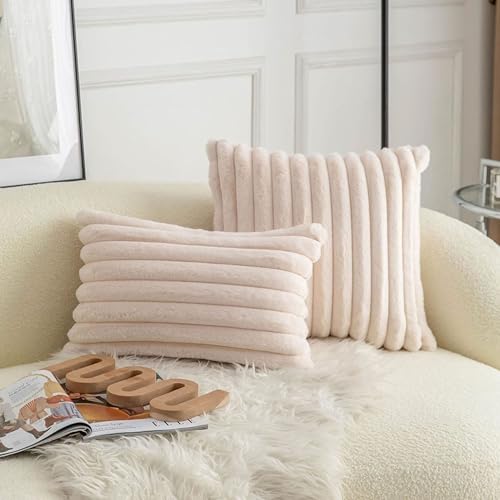 Image of MONKDECOR Single Sided Stiped Faux Fur Plush Throw Pillow Covers, Luxury Decorative Pillows Square Shaggy Cushion Covers for Couch Sofa Bed (Cream (1 Piece), 16x16 Inches)