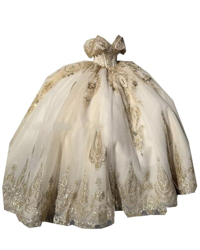 Glittery Gold Embellishment Ball Gown V Neck Off the Shoulder Wedding Quinceanera Prom Queen Dresses with Sleeves for Women Teens Junior Long Train Drop Waist Champagne Tulle 24W