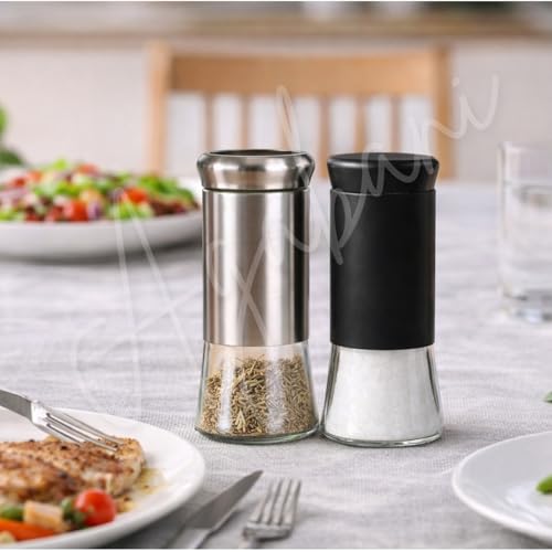 Image of Salt and Pepper Shakers Set, Stainless Steel Salt and Pepper Sprinkler for Restaurant with Glass Bottom, Spice Dispenser Ideal for Himalayan, Kosher, Black and White Pepper (Black + Silver)