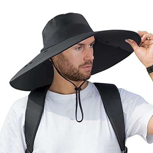 Super Wide Brim Fishing Hat UPF 50+ Sun Safari Hat with Removable Neck Face Flap (Black)