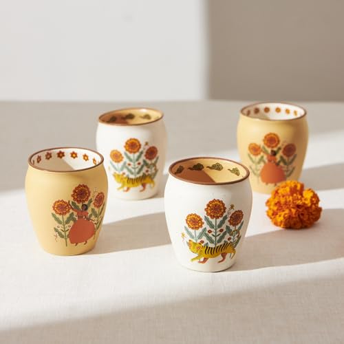 Chumbak Marigold Kulhad Set of 4 – Handcrafted Ceramic Tea & Coffee Cups, Floral Indian Chai Mugs, Quirky Kitchenware, Perfect for Gifting & Everyday 
