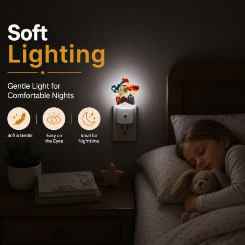 Image of Eagle American Flag Plug in Star Night Light, Night Light with Sensor for Kids Nursery Bedroom, Decorative Soft Glow Lamp for Hallway Bathroom, Energy Saving