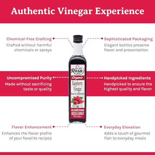 De La Rosa Organic Raspberry Vinegar, Raw & Unfiltered Pure Vinegar, Vegan, Gluten Free & Kosher, Great for Organic Salad Dressing and Marinades, Flavored Vinegar 16.9 Oz (Pack of 1)