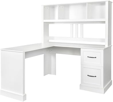 Home Office Desks, Computer Desk with 2-Tier Open Shelf, 2 Drawers, Scratch Resistant Waterproof Modern Corner Gaming Desk for Office, Bedroom White White